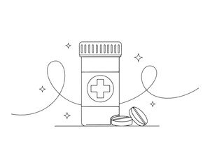 Vector art of simple line art illustration of a medicine bottle with pills for healthcare and pharmaceutical concepts