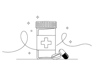 Vector art of an illustration of a medicine bottle with a plus sign and pills next to it, representing medical treatment and healthcare
