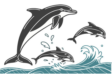 Naklejka premium A beautiful vintage-style monochrome illustration featuring a pod of three playful dolphins leaping joyfully from the ocean waves