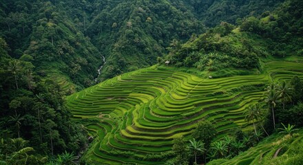 Lush terraced rice paddies ascend a mountainside.