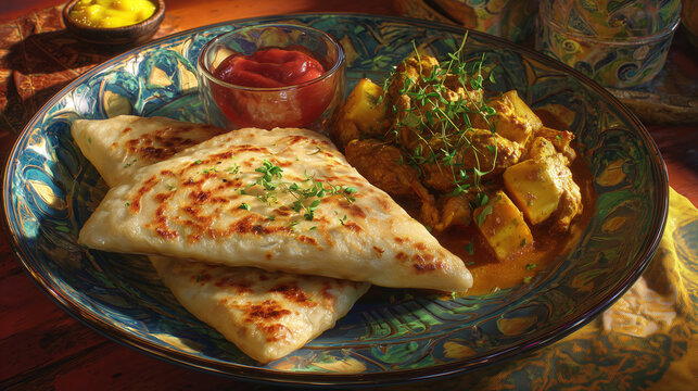 Exotic Culinary Delight: A vibrantly colored plate of culinary artistry, a mouthwatering meal showcases fluffy naan bread, complemented by a curry dish, fresh herbs, and dipping sauces.