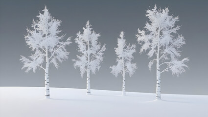 Fototapeta premium Four snow covered trees in minimalist winter landscape