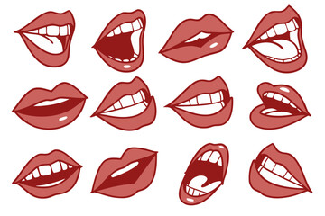 Pop art style cartoon mouths set. Vector graphic collection of female lips with diverse expressions for the concepts of emotion, speech, and communication.