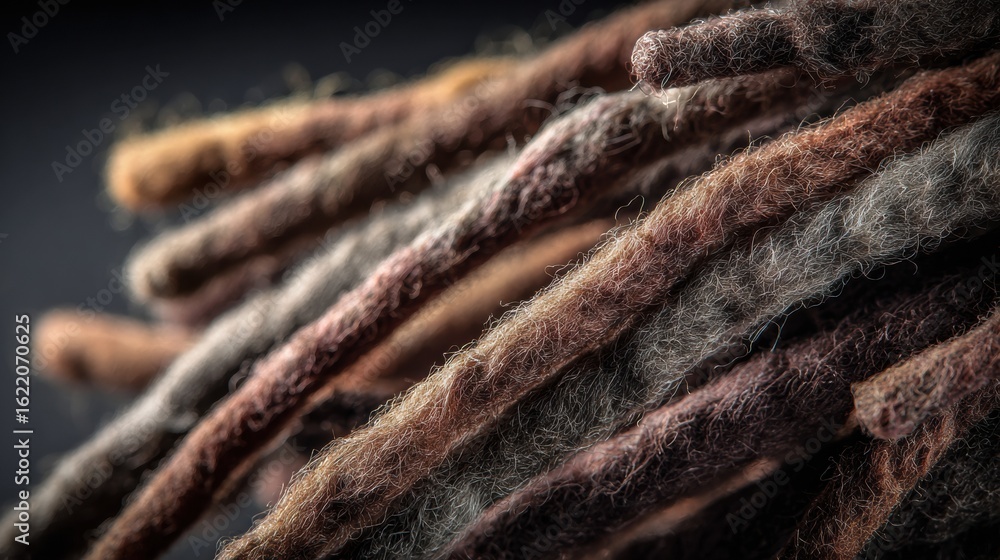 Poster dreadlocks detail macro shot featuring textures against a dark background with vignette and top open