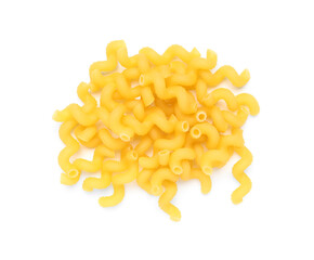 Heap of uncooked cellentani pasta isolated on white background