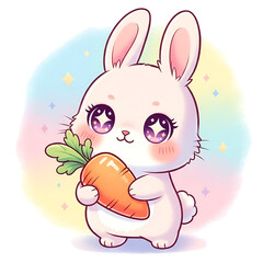 Cute kawaii bunny holding a carrot isolated on transparent background
