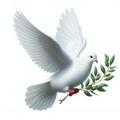 A pristine white dove soars, carrying an olive branch, symbolizing peace and hope in the world.