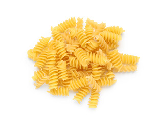 Heap of tasty raw fusilli pasta isolated on white background
