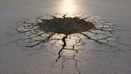 Cracked dry earth with a deep hole and sunlight ground