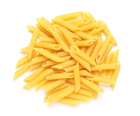 Heap of uncooked penne pasta isolated on white background, closeup