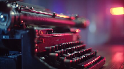 Fototapeta premium Vintage Typewriter Keys: Dramatic Pink Neon Light