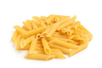 Heap of uncooked penne pasta isolated on white background, closeup