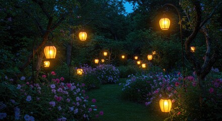 Illuminated lanterns in a garden at twilight.