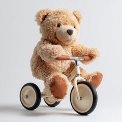 Adorable teddy bear riding a tricycle in a bright studio setting