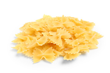 Heap of tasty raw farfalle pasta isolated on white background, closeup