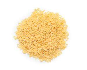 Heap of raw alphabet pasta isolated on white background