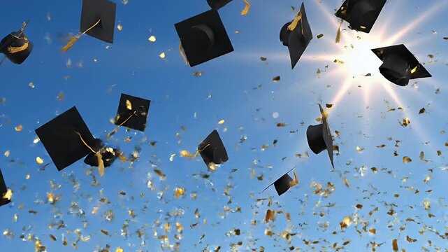 Academic achievement celebration with graduation caps and confetti for educational media
