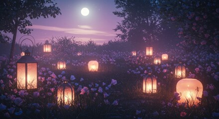 Moonlight path through a field of flowers with lanterns.