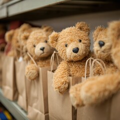 Cuddly teddy bears in brown bags on a shelf in a cozy shop