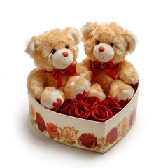 Adorable teddy bears in a heart-shaped box with red roses