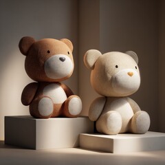 Adorable plush teddy bears sitting on display pedestals in soft lighting