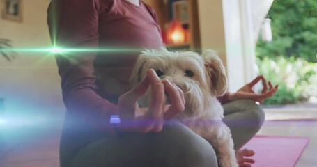 woman placing dog then meditating on pink yoga mat by doorway initiating wellness with lens flares - Powered by Adobe