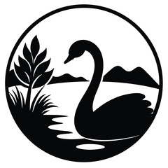 Elegant black swan swimming near grassy shore and distant hills water lake