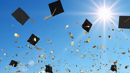 Graduation caps and golden confetti flying in sunny blue sky for celebratory announcements