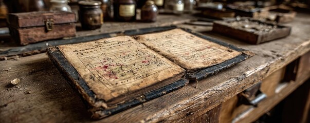 Paper logbook in rustic antique echo concept. An old, worn book rests on a wooden table in a rustic workspace.