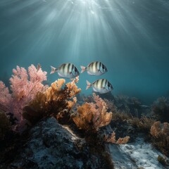 Underwater Scene with Colorful Corals and Tropical Fish Swimming