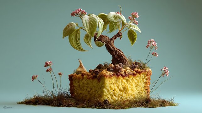 Tree sprouting from piece of cake whimsical surreal bright contrast playful fantasy scene