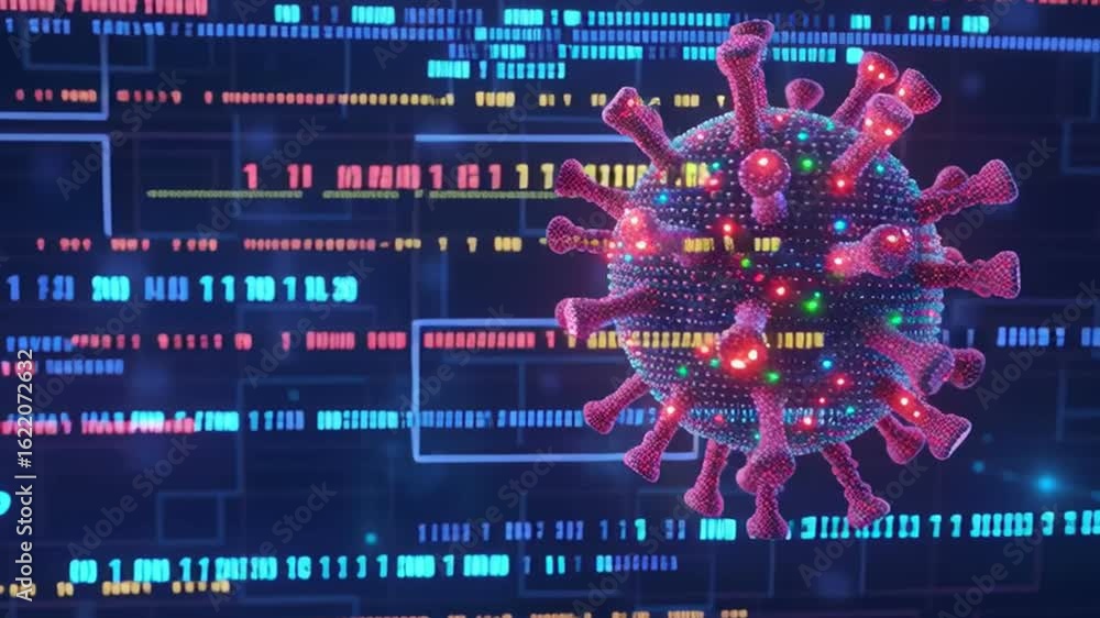 Poster digital virus infection with glowing data streams and code background, futuristic technology symboli