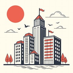 Fototapeta premium Stylized Cityscape Illustration with Sun Clouds Buildings and Trees