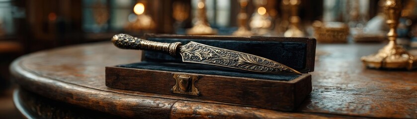 Ceremonial dagger in relic sheath concept. Ornate dagger displayed elegantly in vintage wooden box.