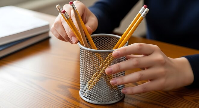 A person's hands carefully arrange yellow pencils inside a silver metal mesh pencil holder on a wooden desk. - Powered by Adobe