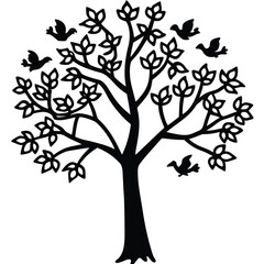 Fototapeta premium A Beautiful Tree Silhouette with Flying Birds and Leaves