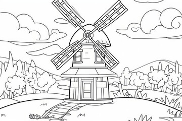 Fototapeta premium Cartoon windmill on farm landscape coloring page for kids with thick lines, simple line art, clear black and white outline, minimal details