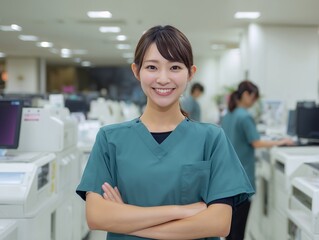 Obraz premium 腕を組んで笑顔を見せる女性医療従事者