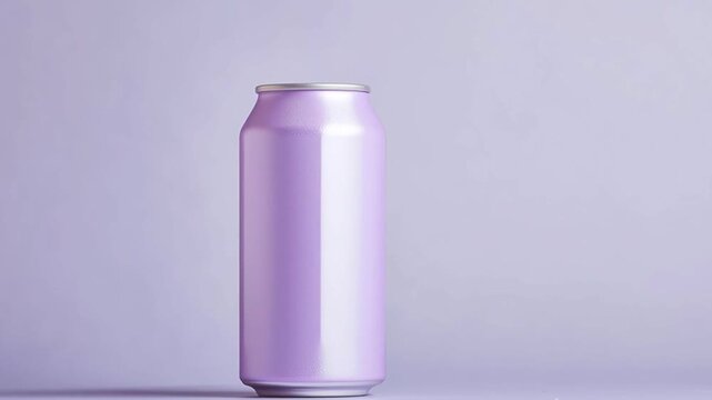 Smooth purple aluminum beverage container with metal surface and soft lighting, minimalistic modern design for refreshing drink experience