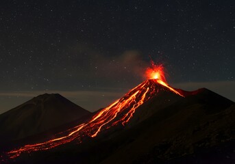 Majestic Icelandic volcano erupting with fiery lava under a vibrant sunrise sky, a breathtaking natural landscape