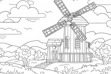 Fototapeta premium Cartoon windmill on farm landscape coloring page for kids with thick lines, simple line art, clear black and white outline, minimal details