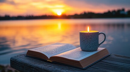 Tranquil lakeside at sunset with an open book, a lit candle in a speckled mug, creating a peaceful and relaxing scene perfect for leisure, reading, and nature themes