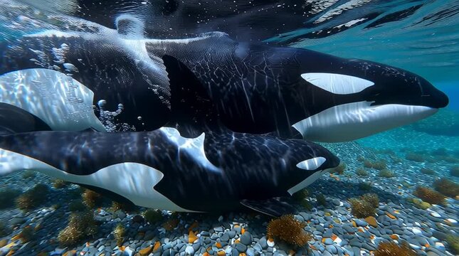 Two orcas leaping from the ocean, with snow-capped mountains in the background, photo-realistic in the style of a realistic painter