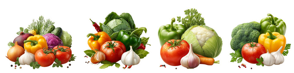 Fresh vibrant vegetables isolated on transparent background.