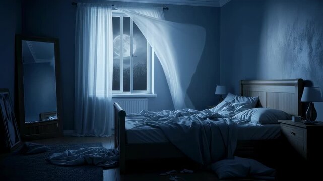 Empty bedroom with curtains blowing in wind and full moon outside window at night, horror atmosphere footage.
