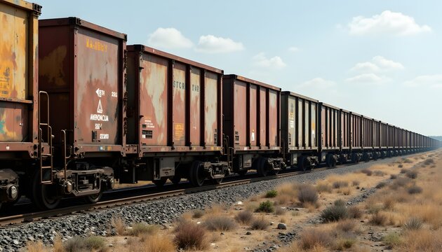 A lengthy assemblage of railway cars, painted in muted, utilitarian hues, stretches across the landscape