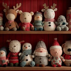Cute Holiday Plush Toys on Wooden Shelves with Red Background
