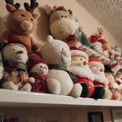 Cozy Shelf of Plush Winter Toys in Festive Holiday Decor