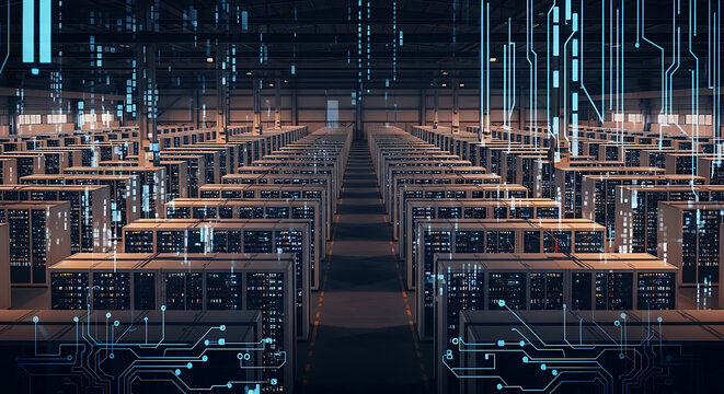 Vast data center with server racks and glowing digital lines representing cloud computing, big data, and network infrastructure.