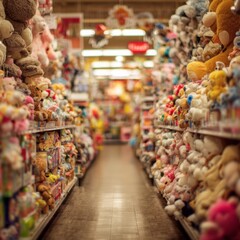 Colorful Aisle of Stuffed Animals in a Toy Store Setting